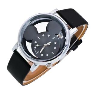 Minnie Mickey Mouse Watch See Though Clear Face Analog Black Silver